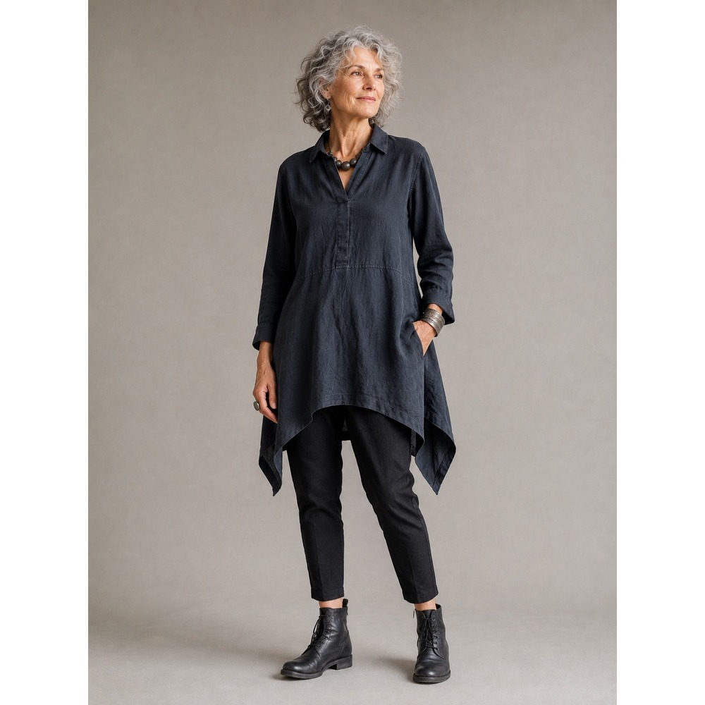 J Jill Love Linen Womens XS Shirt Black Button Asymmetrical Hem Lagenlook Tunic